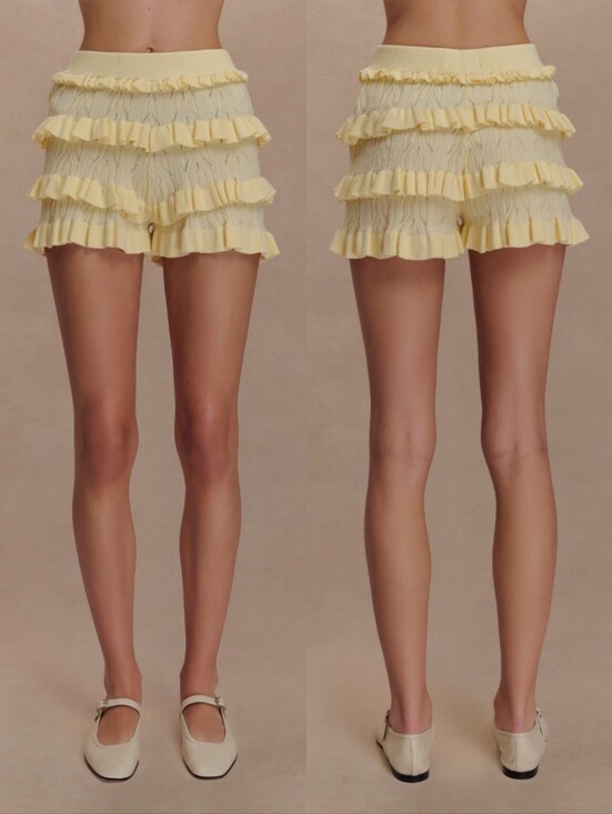 Meshki Pants - MESHKI Amy Pointelle High Waisted Knit Frill Shorts In Lemon L.